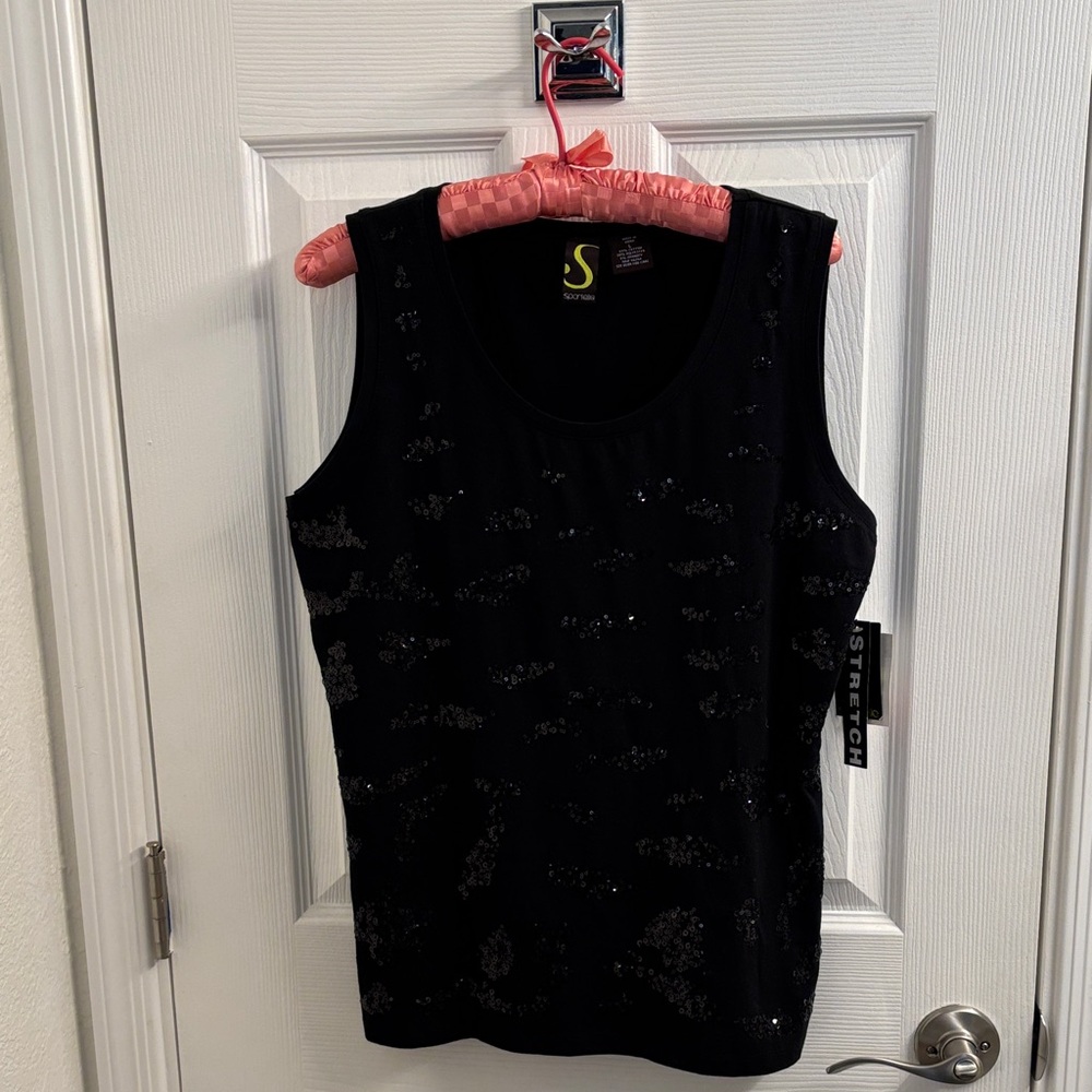 NWT Women's SPORTELLE Black Sleeveless Sequin Tank Top - Great for layering - L